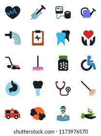 Color and black flat icon set - disabled vector, rake, watering can, lawn mower, heart pulse, stethoscope, syringe, blood pressure, pills bottle, ambulance car, hand, stomach, tooth, implant, doctor