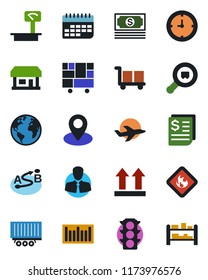 Color and black flat icon set - earth vector, pin, store, plane, cash, traffic light, client, truck trailer, clock, term, receipt, consolidated cargo, up side sign, flammable, heavy scales, search