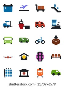 Color and black flat icon set - departure vector, airport bus, train, escalator, waiting area, fork loader, plane, seat map, building, ambulance car, bike, traffic light, sea port, cargo, package
