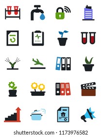 Color and black flat icon set - arrival vector, growth statistic, document reload, seedling, blood test vial, pulse clipboard, clapboard, paper binder, water supply, estate, flower in pot