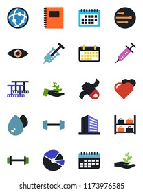 Color and black flat icon set - luggage storage vector, office building, heart, syringe, barbell, eye, satellite, term, film frame, network, calendar, copybook, pie graph, water, palm sproute