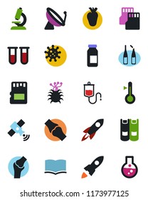 Color and black flat icon set - satellite antenna vector, book, blood test vial, dropper, microscope, ampoule, real heart, joint, virus, sd, thermometer, rocket, flask