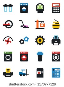 Color and black flat icon set - coffee machine vector, washer, fork loader, gear, ripper, lawn mower, tomography, printer, copier, crane, water filter, combination lock