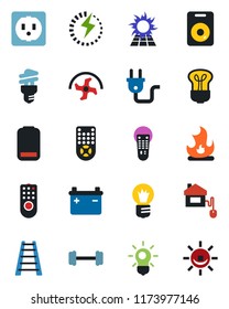 Color and black flat icon set - bulb vector, ripper, ladder, fire, barbell, remote control, speaker, low battery, charge, home, socket, power plug, energy saving, sun panel, alarm led