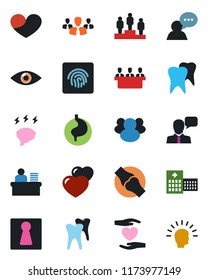 Color and black flat icon set - female vector, pedestal, brainstorm, heart hand, stomach, tooth, eye, joint, hospital, speaker, group, fingerprint id, manager desk, meeting, shining head
