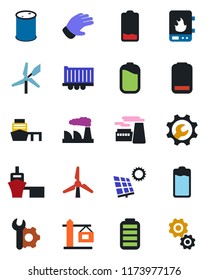 Color and black flat icon set - factory vector, glove, truck trailer, sea port, oil barrel, battery, low, root setup, sun panel, windmill, crane, water heater, gear