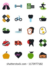 Color and black flat icon set - pumpkin vector, heart pulse, patch, ambulance car, barbell, bike, run, lungs, caries, implant, diet, hospital, pool, salad, bread, omelette, apple fruit, cheese