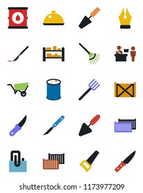 Color and black flat icon set - passport control vector, trowel, farm fork, rake, wheelbarrow, saw, garden knife, scalpel, cargo container, oil barrel, rack, paper clip, ink pen, dish