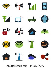 Color and black flat icon set - antenna vector, wireless notebook, clouds, earth, network, cellular signal, smart home, lock, router, control app, social media