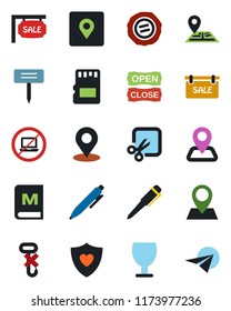Color and black flat icon set - no laptop vector, pen, stamp, plant label, heart shield, navigation, pin, fragile, hook, sd, cut, place tag, sale, menu, open close, paper plane