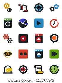 Color and black flat icon set - ticket office vector, washer, gear, contract, stamp, play button, fast forward, rec, record, eye id, pie graph, target, clock