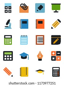 Color and black flat icon set - calculator vector, graduate, notepad, pencil, microscope, notes, copybook, presentation board, paper clip, abacus, ink pen