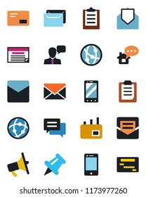 Color and black flat icon set - mobile phone vector, mail, loudspeaker, network, cell, speaker, paper pin, message, clipboard, home, schedule