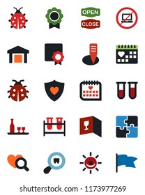 Color and black flat icon set - no laptop vector, lady bug, plant label, blood test vial, heart diagnostic, shield, medical calendar, warehouse, search cargo, application, sertificate, alcohol, flag