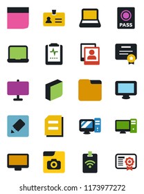 Color and black flat icon set - passport vector, identity, document, pulse clipboard, monitor, folder, notes, photo gallery, presentation board, blank box, notebook pc, pass card, certificate