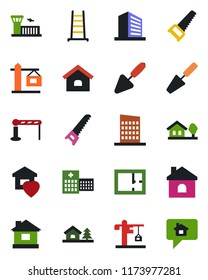 Color and black flat icon set - barrier vector, airport building, office, trowel, ladder, saw, house, hospital, with tree, plan, sweet home, city, crane, message