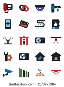 Color and black flat icon set - security gate vector, drip irrigation, sorting, barcode, chain, root setup, air conditioner, smart home, water heater, intercome, control app, warm floor, sprinkler