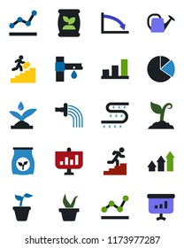 Color and black flat icon set - seedling vector, watering can, sproute, fertilizer, drip irrigation, bar graph, pie, point, career ladder, arrow up, crisis, presentation