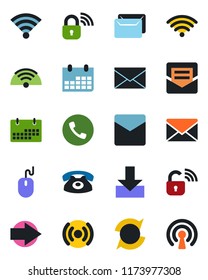 Color and black flat icon set - phone vector, right arrow, mail, mouse, calendar, download, wireless, update, lock