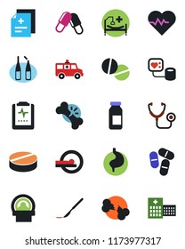 Color and black flat icon set - heart pulse vector, diagnosis, stethoscope, blood pressure, pills, ampoule, scalpel, tomography, ambulance car, hospital bed, stomach, broken bone, clipboard