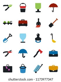 Color and black flat icon set - suitcase vector, baggage larry, shovel, bucket, pruner, axe, fragile, umbrella, themes, case, stamp, ladle