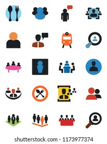 Color and black flat icon set - spoon and fork vector, train, male, speaking man, team, meeting, group, user, company, hr, client search, consumer