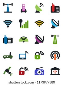 Color and black flat icon set - antenna vector, satellite, wireless notebook, office phone, radio, cellular signal, lock, router, garage gate control