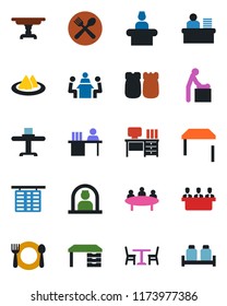 Color and black flat icon set - cafe vector, baby room, reception, flight table, desk, meeting, manager, restaurant, serviette, salt and pepper