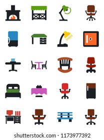Color and black flat icon set - cafe vector, checkroom, office chair, desk, bench, lamp, bedroom, children room, fireplace, restaurant table, alcove, fridge
