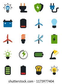 Color and black flat icon set - bulb vector, battery, low, protect, charge, desk lamp, windmill, power plug, energy saving, idea