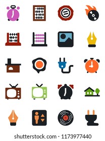 Color and black flat icon set - elevator vector, alarm clock, tv, abacus, stamp, fireplace, vinyl, flame disk, gallery, ink pen, house with tree, power plug