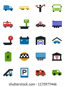 Color and black flat icon set - dispatcher vector, taxi, airport bus, parking, alarm car, ladder, ambulance, truck trailer, delivery, heavy scales, garage, gate control, battery
