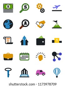 Color and black flat icon set - departure vector, consumer search, arrow up graph, gear, shining head, motivation, handshake, wallet, earth, money, calendar, cash, case, car, social media, pedestal