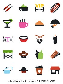 Color and black flat icon set - cafe vector, coffee, reception, cocktail, salad, bacon, waiter, candle, vip zone, dress code, alcove, kebab, hot dog, bowl, cutting board, steaming pan, sushi