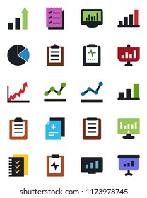 Color and black flat icon set - growth statistic vector, monitor, diagnosis, pulse clipboard, statistics, bar graph, pie, checklist, point, presentation