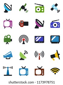Color and black flat icon set - antenna vector, satellite, radio, loudspeaker, tv, video camera, wireless