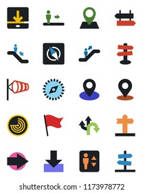 Color and black flat icon set - elevator vector, escalator, signpost, right arrow, wind, radar, route, pin, download, place tag, compass, flag, guidepost