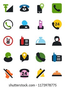 Color and black flat icon set - no mobile vector, reception bell, office phone, 24 hours, support, tracking, radio, call, mute, cellular signal