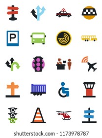 Color and black flat icon set - airport tower vector, plane radar, taxi, bus, parking, passport control, alarm car, border cone, helicopter, disabled, route, signpost, traffic light, truck trailer