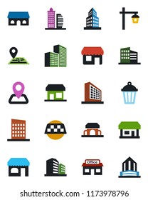 Color and black flat icon set - taxi vector, shop, office building, garden light, navigation, store, city house, cafe, storefront