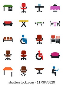 Color and black flat icon set - cafe vector, waiting area, office chair, desk, picnic table, disabled, cushioned furniture, restaurant, man with notebook