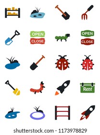 Color and black flat icon set - job vector, garden fork, shovel, lady bug, caterpillar, pond, rack, rent, open close, rocket