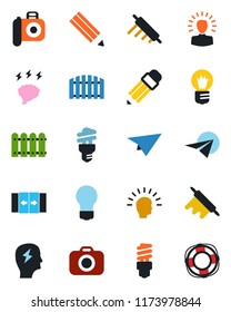 Color and black flat icon set - automatic door vector, brainstorm, bulb, camera, pencil, fence, rolling pin, energy saving, shining head, paper plane, crisis management