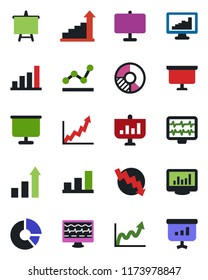 Color and black flat icon set - growth statistic vector, presentation board, crisis graph, circle chart, monitor pulse, statistics, bar, point