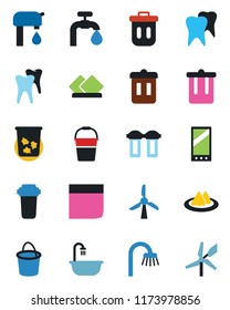 Color and black flat icon set - trash bin vector, bucket, tooth, mobile, blank box, water supply, bathroom, serviette, filter, windmill