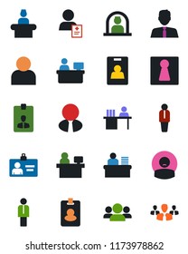 Color and black flat icon set - female vector, reception, manager, identity card, place, patient, user, desk, estate agent, pass, group