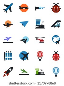 Color and black flat icon set - plane vector, departure, arrival, ladder car, boarding, helicopter, seat map, globe, airport building, lady bug, rocket, paper, air balloon