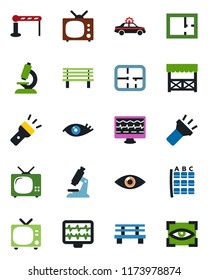 Color and black flat icon set - barrier vector, tv, alarm car, seat map, bench, monitor pulse, microscope, eye, torch, plan, alcove, scan
