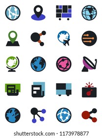 Color and black flat icon set - satellite antenna vector, bomb in case, globe, plane, earth, pin, consolidated cargo, network, share, news, social media