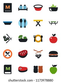 Color and black flat icon set - spoon and fork vector, picnic table, cafe, menu, salad, salt pepper, steak, hamburger, bowl, sushi, apple fruit